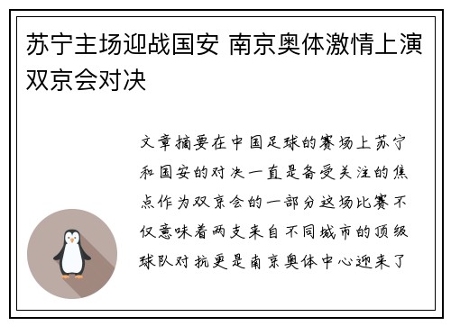 苏宁主场迎战国安 南京奥体激情上演双京会对决